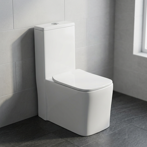 WC monobloc en céramique de style américain, à siphon en S, forme d'œuf, avec rebord doré, à poser au sol - Product Image 1