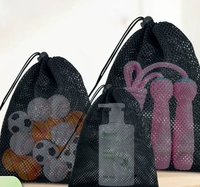 Pochette en maille polyester noire avec cordon de serrage, fermeture à glissière personnalisée, sac de rangement pour petits objets
