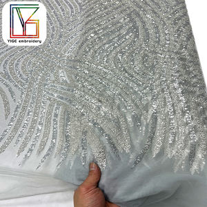 قماش دانتيل تول مطرز بالترتر لحفلات الزفاف أنيقة قماش فاخر ترتر أبيض ثقيل لامع مطرز بالخرز قماش دانتيل شبكي لفساتين النساء - Product Image 2