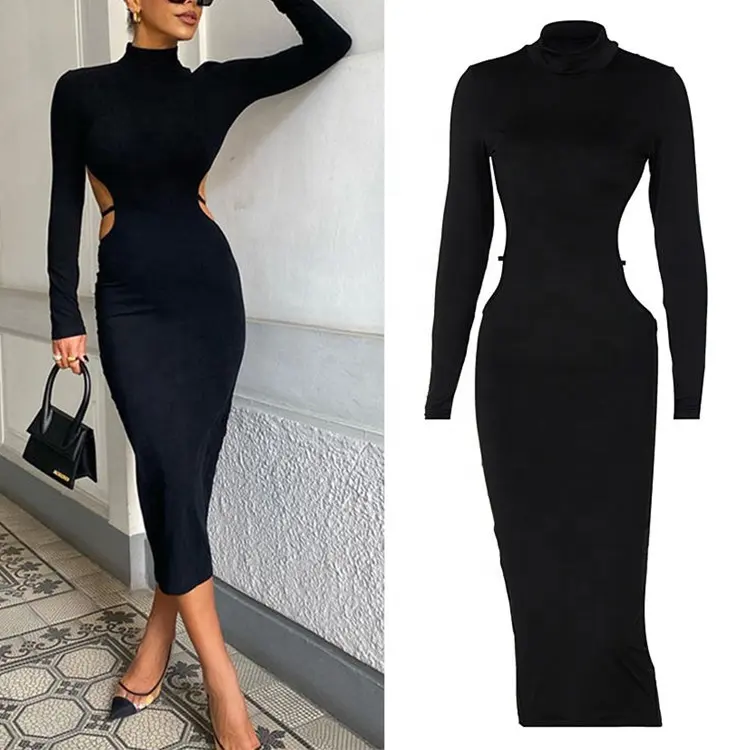 Spring 2023 Women Clothes Turtleneck Hollow Out knit Midi Bandage Dress Backless Sexy Long Sleeve Black Women Casual Dresses