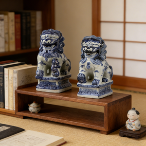 Décoration de salon en céramique écologique faite à la main, style Art déco, motif de lions de temple, porcelaine bleue et blanche - Product Image 3