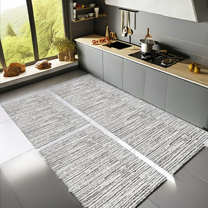 Set di 3 Tappeti Antiscivolo per <span class=keywords><strong>Cucina</strong></span>, Runner Geometrico Misto 1,30m X 45cm, 65cm X 45cm, Fatto a Mano, Strisce Caramello e Nero - Product Image 1