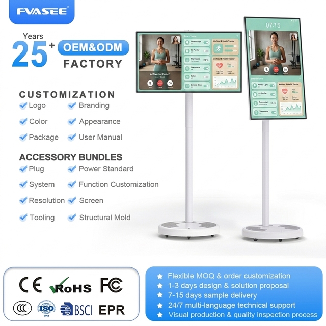 FVASEE 21.5 32 Inch Android Touch Screen Portable Tv on Wheels Rotating Smart Screen Tablet Wireless Television With Base