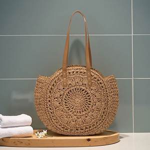 Women's Hollow Straw Woven Bag Handmade Knitting Woven Summer Seaside Holiday Beach <b>Tote</b> Bag All-Match Round Shoulder Bag - Product Image 3