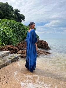 Blue Maxi Cotton <b>Dress</b> With V Neck <b>Long</b> Sleeves Drawstring Waist Flowing Silhouette Side Slit Relaxed Resort Style Kaftan <b>Dress</b> - Product Image 2