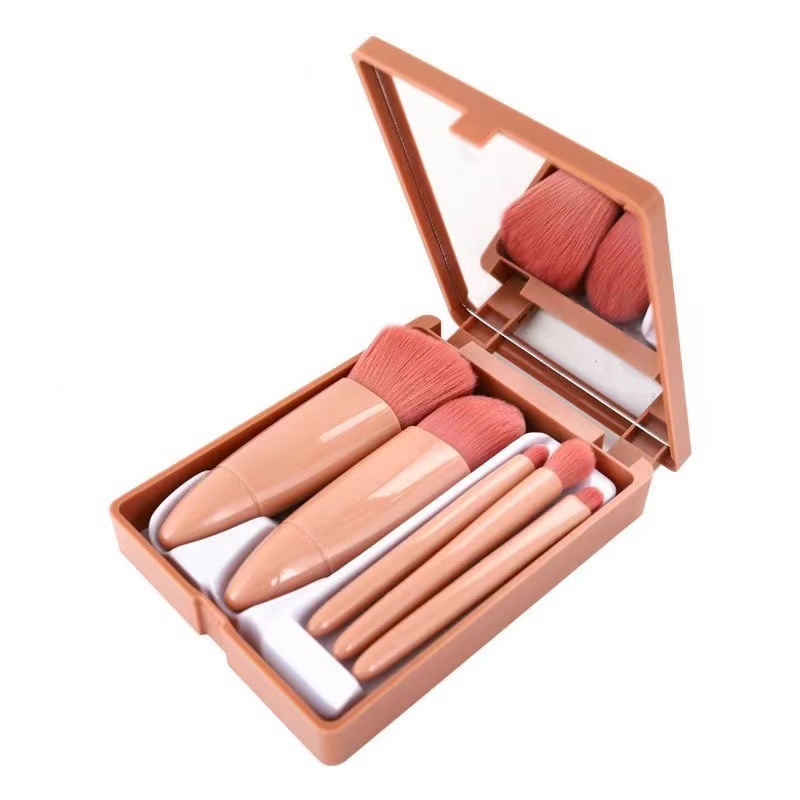 Kustom perjalanan portabel 5 buah Set alat kuas Makeup Mini bubuk kosmetik Perona mata Foundation kuas rias dengan kotak dan cermin