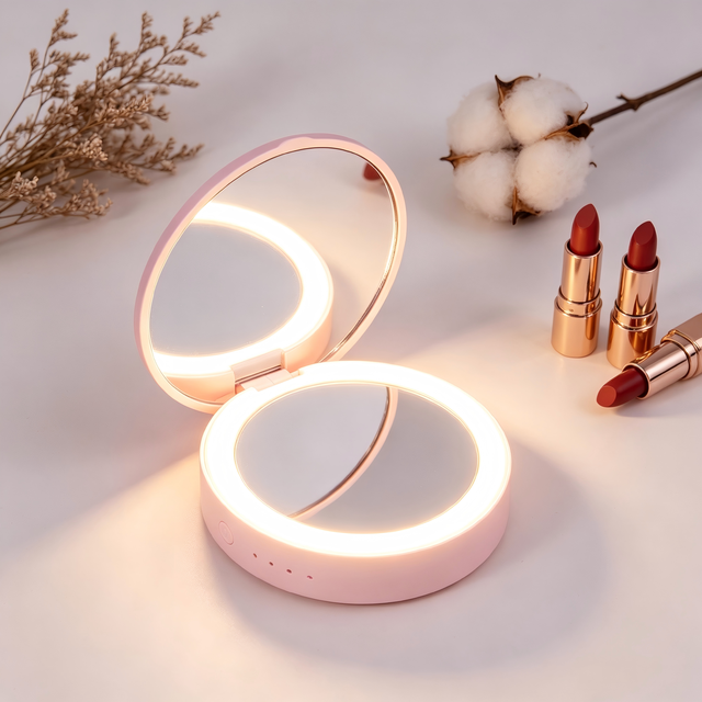 Makeup Mirror 2 in 1 LED Lighted Compact Personalized Power Bank 1X 5X Dual Magnification Touch Dimmable Pocket Cosmetic Mirror