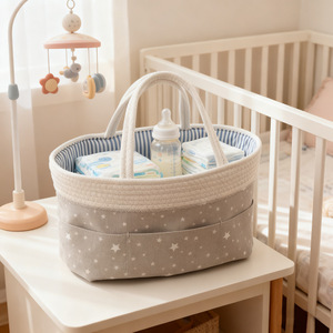 Panier de rangement pour bébé, grand panier carré en coton pour couches et biberons, motif étoile grise, 0-12 mois - Product Image 1