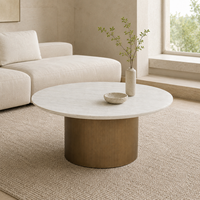 Table basse moderne en marbre naturel blanc rond compact avec base en bois, table centrale moderne pour salon