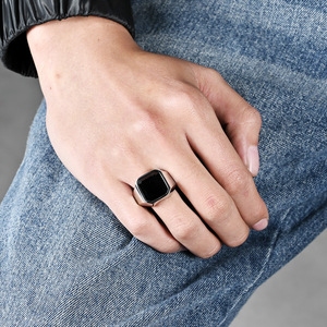Men's Geometric <b>Titanium</b> Steel <b>Ring</b> With Black Inlay Bezel Setting Gift Jewelry Gold Silver Black Color Options - Product Image 2