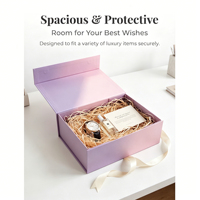 Coffret cadeau pliable avec papier déchiqueté, carte de vœux et ruban en satin violet, boîte d'emballage cadeau pliable pour cadeau