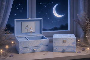 Caja <span class=keywords><strong>de</strong></span> Música <span class=keywords><strong>de</strong></span> <span class=keywords><strong>Bailarina</strong></span> <span class=keywords><strong>con</strong></span> Temática <span class=keywords><strong>de</strong></span> Luna, Estrellas y Nubes, Forro <span class=keywords><strong>de</strong></span> Terciopelo Azul Claro, Espejo Giratorio y Cajón - Product Image 3