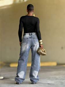 Pantalones <span class=keywords><strong>Vaqueros</strong></span> de Pierna Ancha de Corte Recto y Cintura Media, Lavados, Estilo Urbano, con Parches Asimétricos, <span class=keywords><strong>Vaqueros</strong></span> Casuales para <span class=keywords><strong>Mujer</strong></span> - Product Image 4