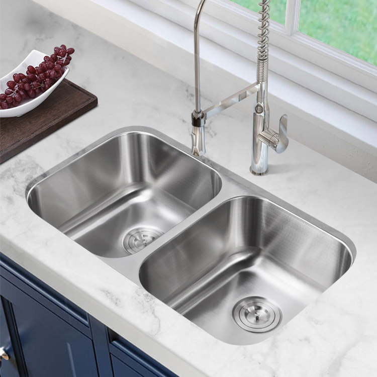 Modern 304 Kitchen Sinks 50/50 Double Bowl Stainless Steel Undermount Sink 3-5/8" North America Standard Size Rectangular