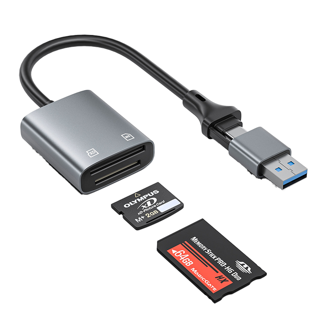 Two-in-One External USB Card Reader with Aluminium Alloy Shell Supports XD & MS Cards for Old CCD Camera Memory