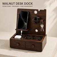 Organisateur de bureau de luxe moderne en bois de noyer écologique avec support pour téléphone et tablette, double tiroir et gestion des câbles, idéal comme table de chevet