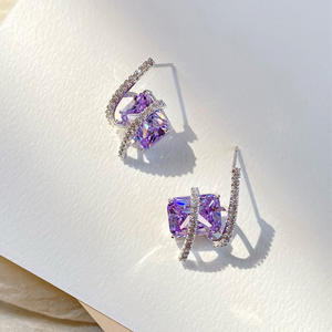 E2899 <b>Purple</b> Gemstone Stud Earrings <b>Cushion</b> Cut Geometric Design Claw Setting Women's Fashion Jewelry Party Trendy Alloy - Product Image 4