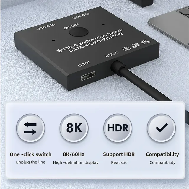 DOONJIEY Bi-directional 8K USB C KVM Switch 2x1/1x2 Type-C Splitter Cable Video 30Hz 4K 120Hz PD 100w 10Gbps Data Transmission