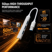 Hub USB Profesional 5Gbps Kecepatan Tinggi 4-In-1 Berbahan Aluminium Alloy Adaptor Multiport Antarmuka Tipe-C untuk PC Komputer, Mendukung Video 4K