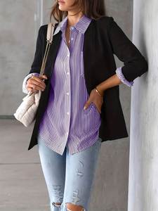 Blusa de Manga Larga con Cuello Polo y Estampado a Rayas para Mujer, Estilo Casual, Holgada, a la Moda, Combinable con Todo, Camisa Elegante Vintage para Mujer - Product Image 6