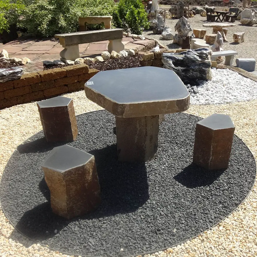 屋外石ダイニングテーブルガーデン玄武岩石テーブル屋外石テーブルとベンチ