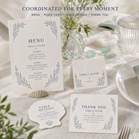 Invitations de mariage nautiques et côtières, motif herbe marine marine, cartes personnalisées en carton gaufré avec découpe de coquillages