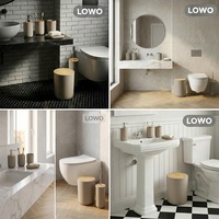 Ensemble d'accessoires de salle de bain de luxe OEM en bambou avec couvercle, 6 pièces : poubelle, distributeur de savon, porte-savon, porte-brosse WC, gobelet à brosse à dents, pour hôtel