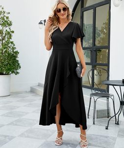 Vestidos Largos de Cachemira Negros para Mujer, Vestidos de Noche Elegantes con Abertura, Cuello en V, Volantes, para Fiesta, Cóctel, Invitada de <span class=keywords><strong>Boda</strong></span> - Product Image 6