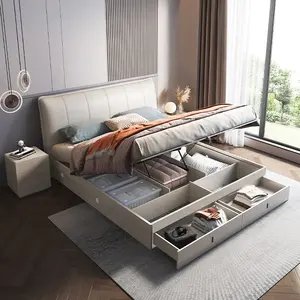 126356 Quanu personalizado cabeceira de couro PU luxo cama king size móveis cama de armazenamento queen
