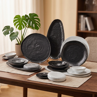 ST Wholesale Ensemble de vaisselle en céramique et porcelaine à glaçure réactive noir et blanc contrastant, assiettes à dîner, assiettes à dessert, pour la restauration, gain de place