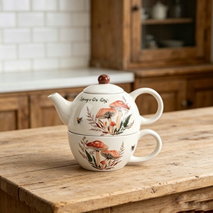 Tetera de Cerámica Blanca con Taza, Diseño de Hongo y Abeja, Primavera como Resplandor de la Vida, para Servir Café y Té, Venta al por Mayor, Regalo - Product Image 1