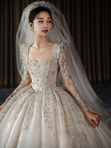 S2901N 2026 Vestido de Novia de <span class=keywords><strong>Alta</strong></span> <span class=keywords><strong>Costura</strong></span> Estilo Francés, Lujoso, de Manga Larga, Cuello Cuadrado, Satinado, con Cola Larga, Estilo Princesa - Product Image 4