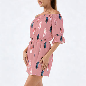 Oferta en Temu: Vestido Mini Casual con Estampado de Plumas y Hombros Descubiertos para Mujer, Manga Media, Cintura Elástica, Ideal para Vacaciones, Fiestas y Uso Diario - Product Image 5