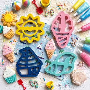 Lot de 4 emporte-pièces et emporte-moules d'été, tampons à <span class=keywords><strong>biscuits</strong></span> en plastique moulé par injection lisse, motifs mignons Voilier, Soleil, Coquille de crème glacée - Product Image 1