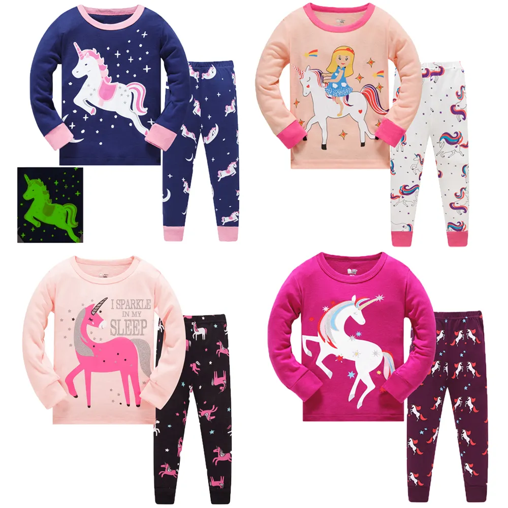 100% cotton sleeping clothes cartoon pyjamas kids pajamas character girls sleepwear 2 pcs girl cute unicorn kids pajamas set