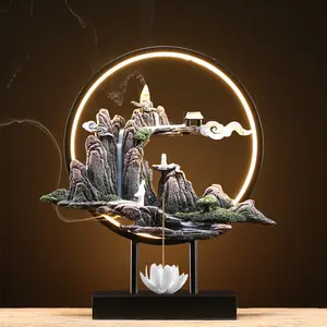 LED Lamp Circle With Mountain Tree Backflow Aroma Incense Burner Holder Home Living Room Porch Decor Rockery Ornaments Gifts