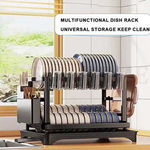 Escurridor de platos Estante para platos Ahorro de espacio Estante para secar platos de 2 niveles con una gran capacidad para mostrador de cocina Negro - Product Image 6