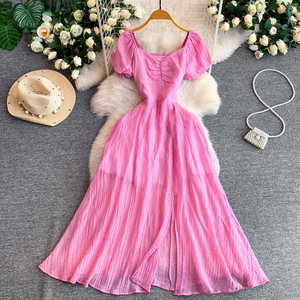 <span class=keywords><strong>Vestido</strong></span> de verano para mujer con cuello <span class=keywords><strong>cuadrado</strong></span>, mangas abullonadas, plisado y abertura en la cintura - Product Image 1