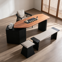 Ensemble de table à thé en bois massif moderne avec cadre noir, table à thé de loisirs avec tabourets et banc pour la maison, la villa, l'hôtel, le bureau, la salle de thé