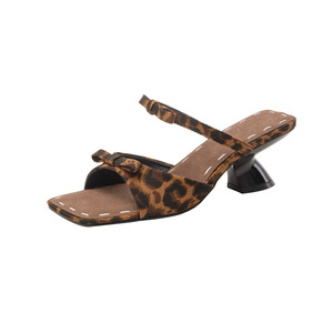 Leopard Print Heeled Sandals Square Toe <b>Block</b> Heel Anti Slip Elegant Women's Summer Shoes - Product Image 5