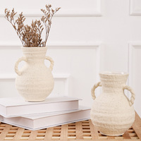 Vase à fleurs artisanal Vase en terre cuite Vase en céramique blanche vintage Décor antique rustique avec 2 poignées, finition mate à large bouche