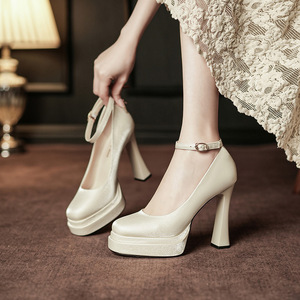 Mary Jane Pumps Round Toe Ankle Strap Block Heel Super High 8cm Up Satin Lining <b>Height</b> <b>Increasing</b> Wedding <b>Shoes</b> Y9595-3 - Product Image 2