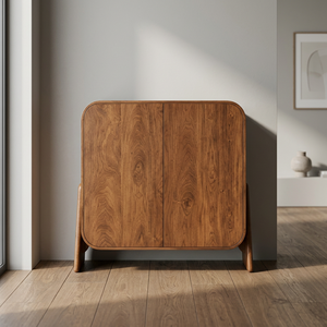 Armoire de rangement à 2 portes en bois de manguier massif avec bords arrondis et pieds inclinés |   Meubles de style mid-century modern - Product Image 1