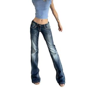 Women's Vintage Washed Flare Jeans Low Waist <b>Stretch</b> <b>Denim</b> Boot Cut Pants Casual Streetwear - Product Image 1
