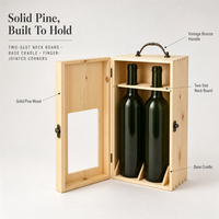 Boîte cadeau en bois massif pour deux bouteilles de vin rouge avec fenêtre de présentation frontale, logo gravé, fermeture à loquet métallique, emballage pour vin