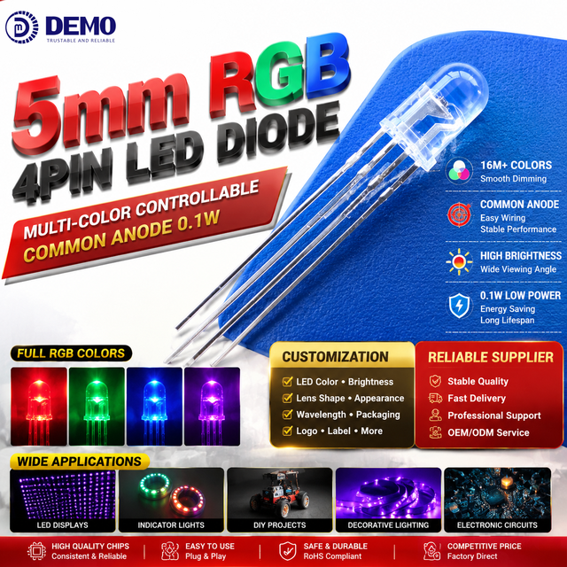 5mm RGB LED 4Pin DIP Common Anode Multi-Color Controllable LED for DIY Display Electronics