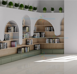 Estantería de madera elegante Chiquitos con solución de almacenamiento funcional de diseño de <span class=keywords><strong>onda</strong></span> única para bibliotecas espacios educativos hoteles - Product Image 1