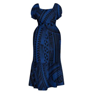 Abito lungo da donna taglie forti con stampa foglie di plumeria blu reale sfumato in verde acqua, scollo quadrato e maniche corte a sbuffo, stile tropicale, personalizzabile, direttamente dalla fabbrica. - Product Image 5