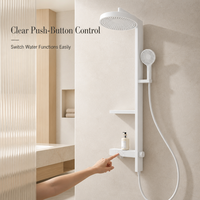 Colonne de douche murale en acier inoxydable blanc avec pommeau de pluie, douchette à jet doux, support de rangement et commande à bouton-poussoir pour hôtel