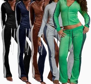 Viviblook Z1209ST10 Ensemble de survêtement pour femme en velours, veste cardigan zippée, pantalon évasé à cordon de serrage et rayures latérales, deux pièces, grandes tailles - Product Image 1